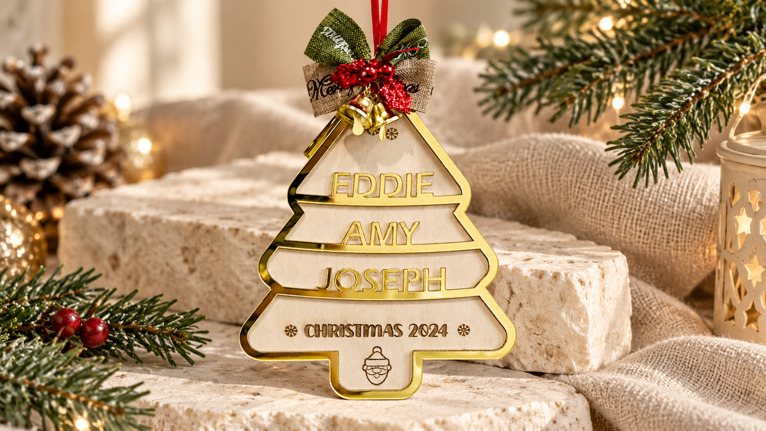 Gold acrylic and wood family Christmas tree ornament engraved Eddie, Amy and Joseph