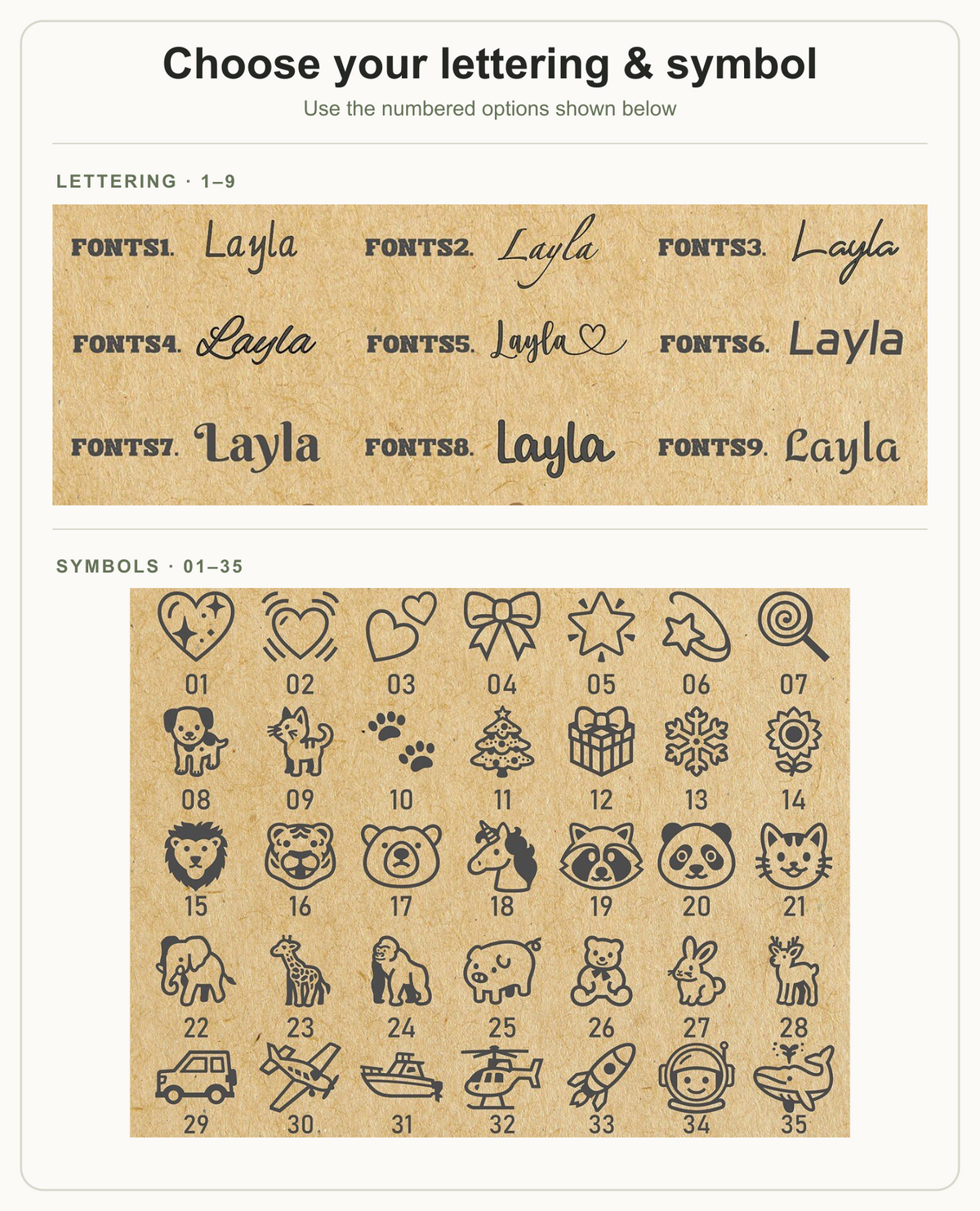 Nine lettering styles and 35 numbered symbol choices