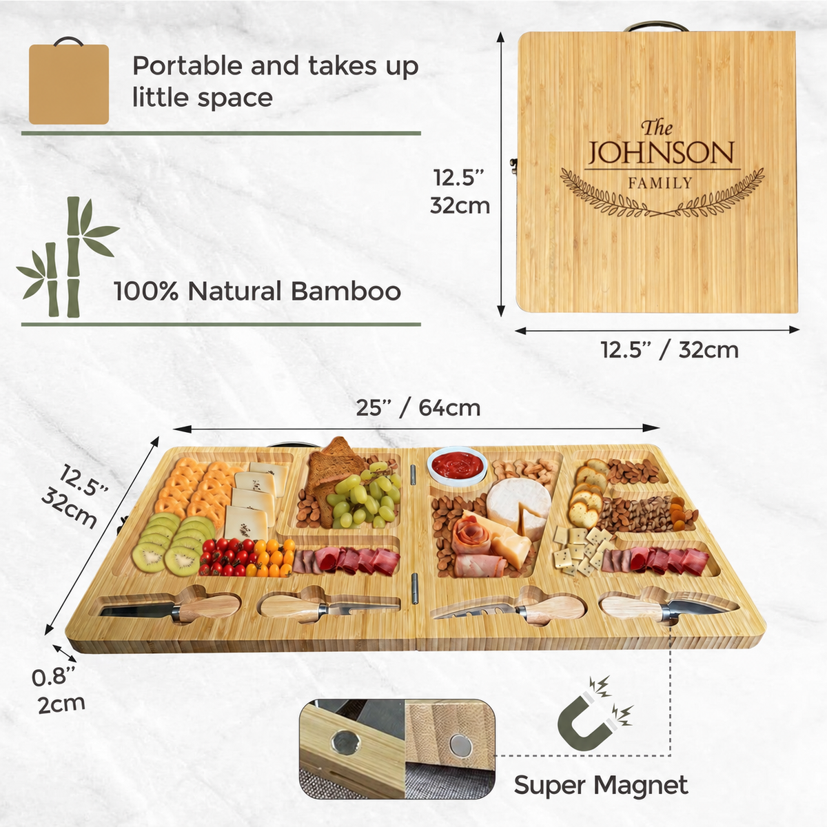 Folding bamboo cheese board dimensions and magnetic closure