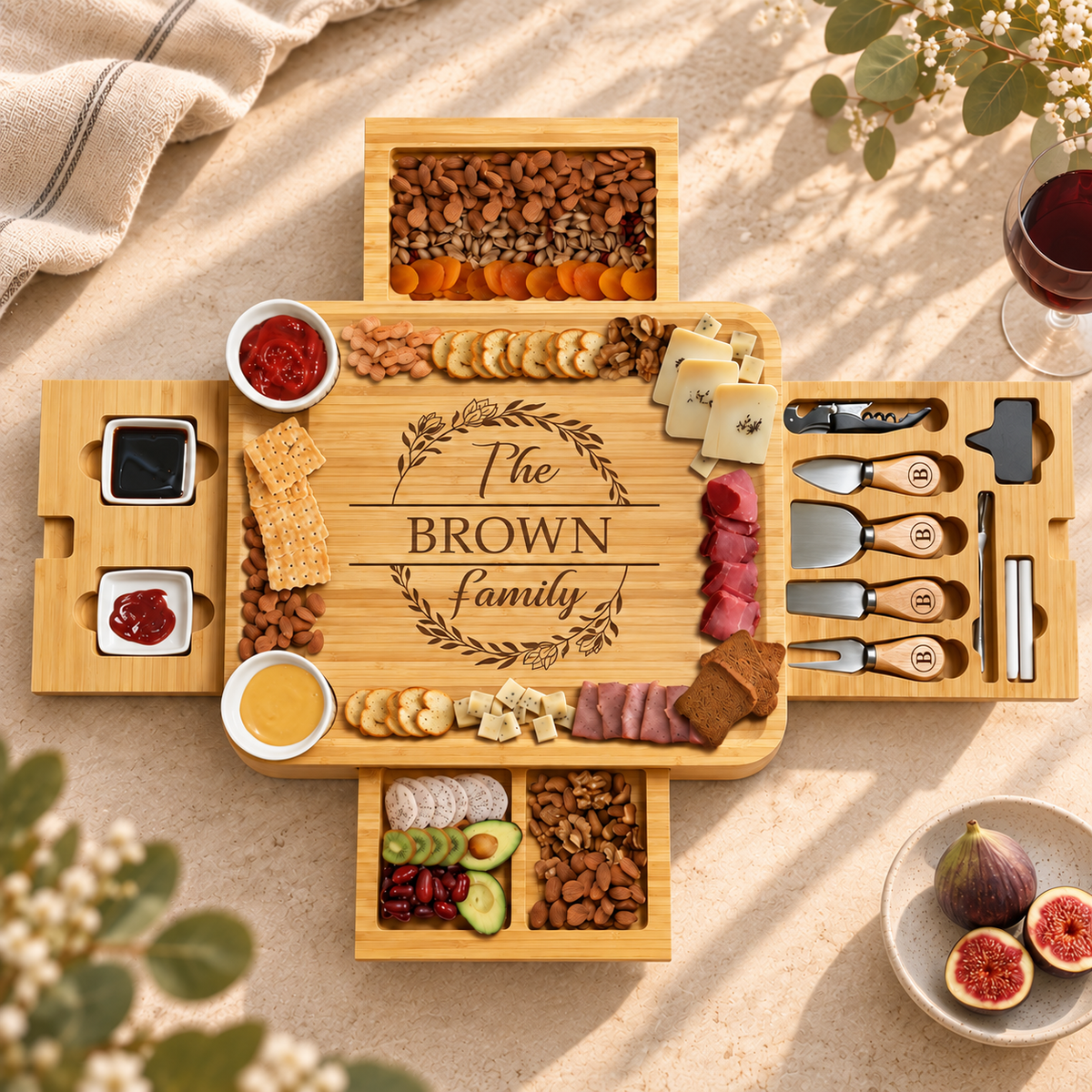 [Out of Stock] Personalized 4-Drawer Bamboo Cheese Board with Utensils Set