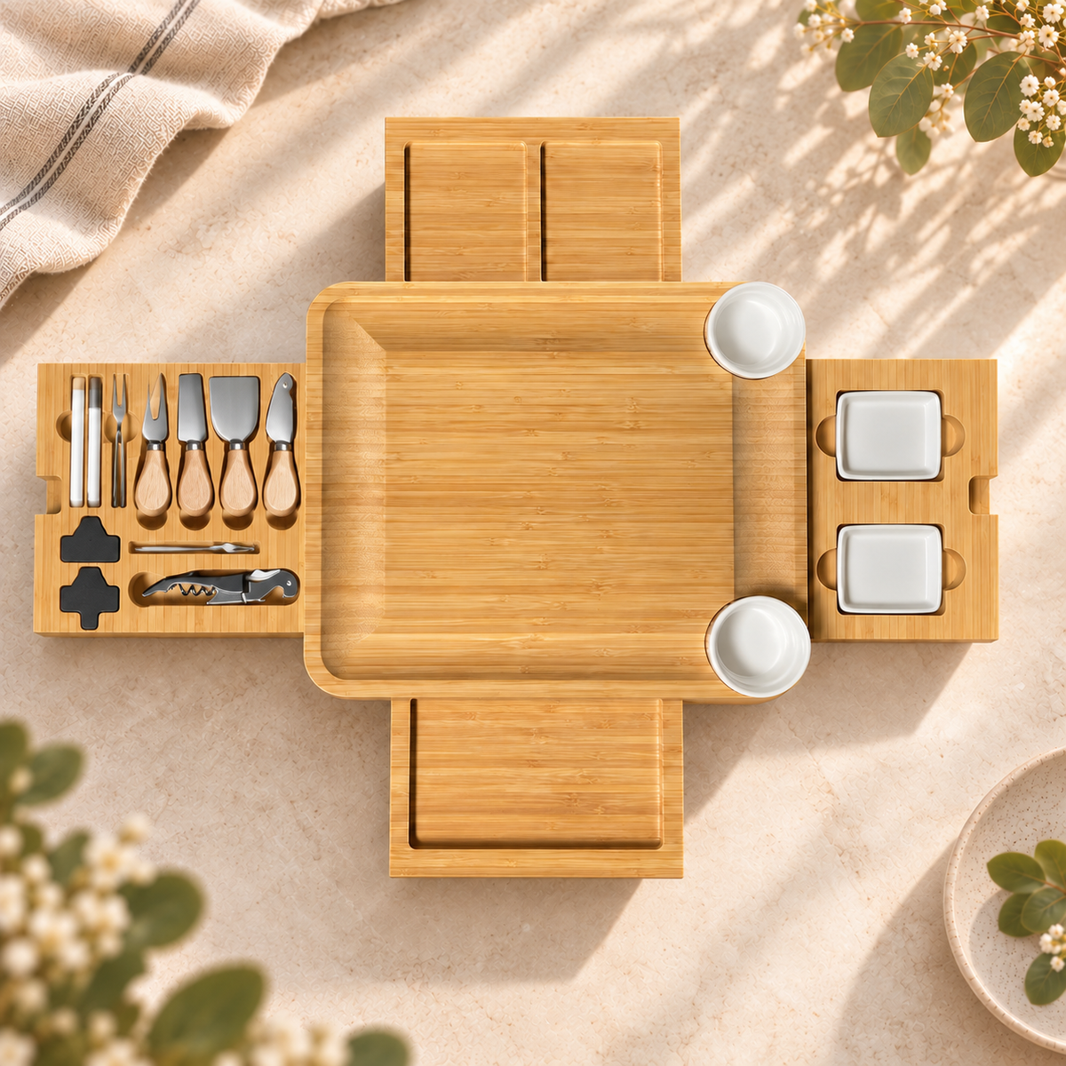 Four-drawer bamboo cheese board fully open, showing serving trays, bowls, cheese utensils, corkscrew, slate labels and two white markers