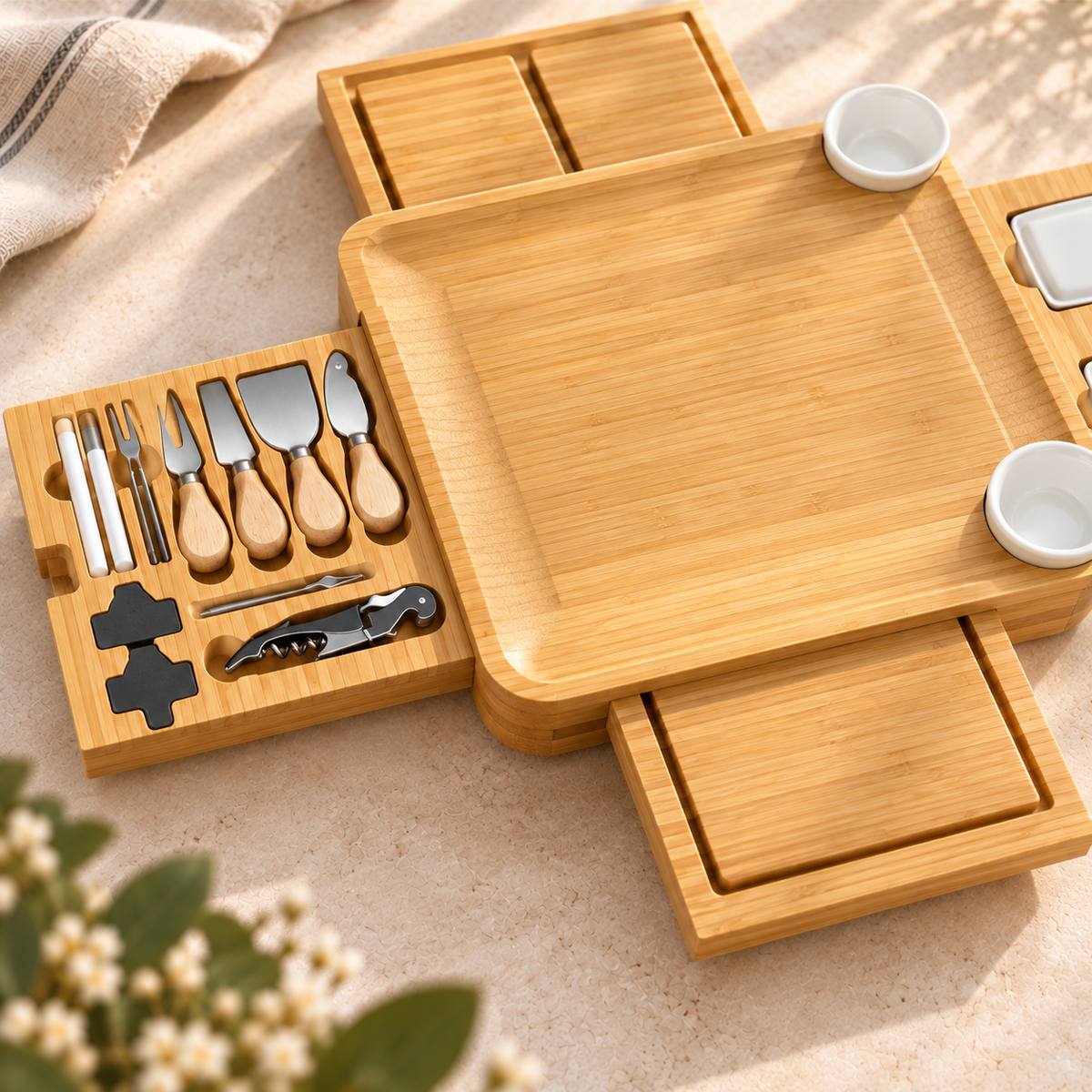 Close-up of four-drawer bamboo cheese board showing the pull-out utensil drawer and serving surface