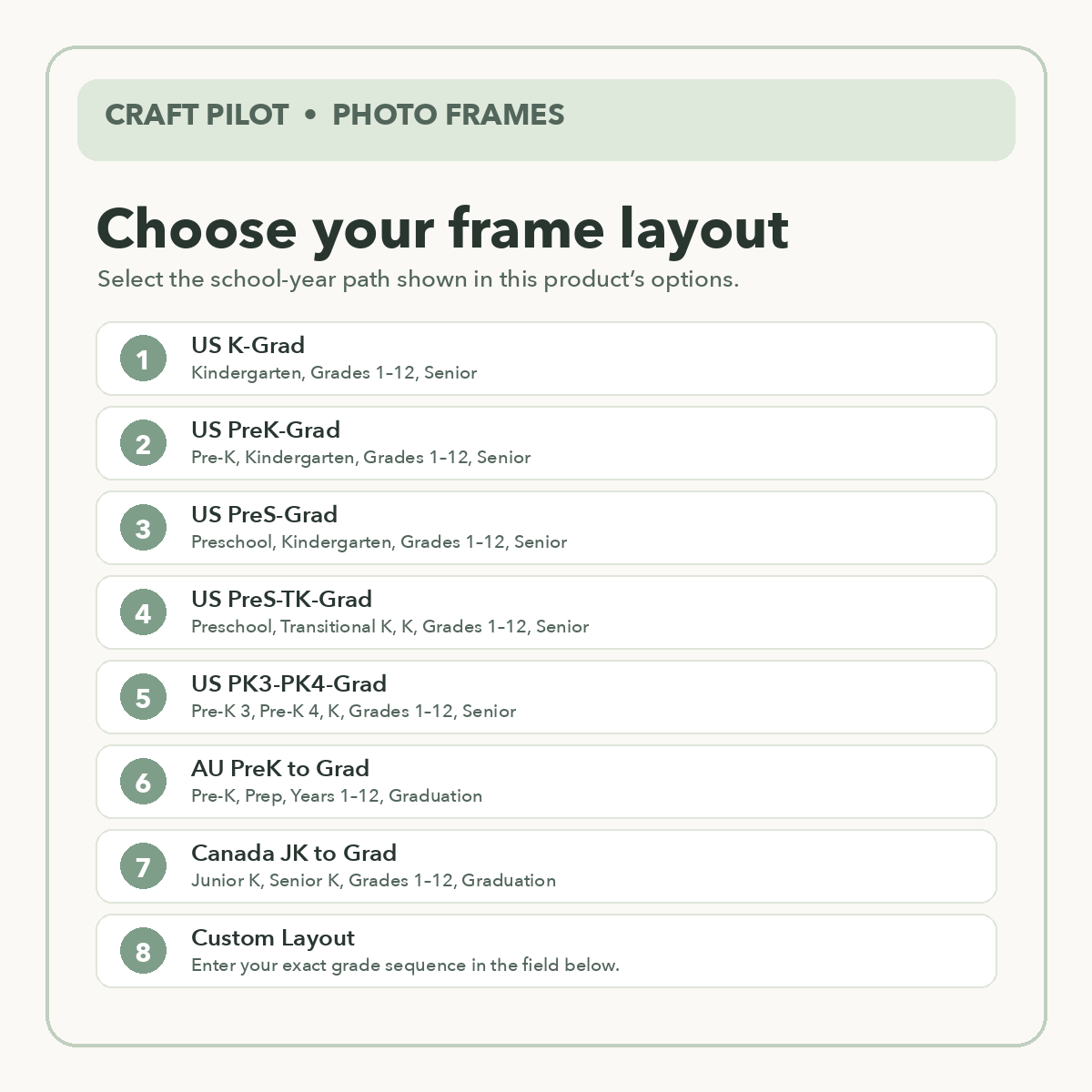 Choose your school photo frame layout from eight regional and custom grade sequences