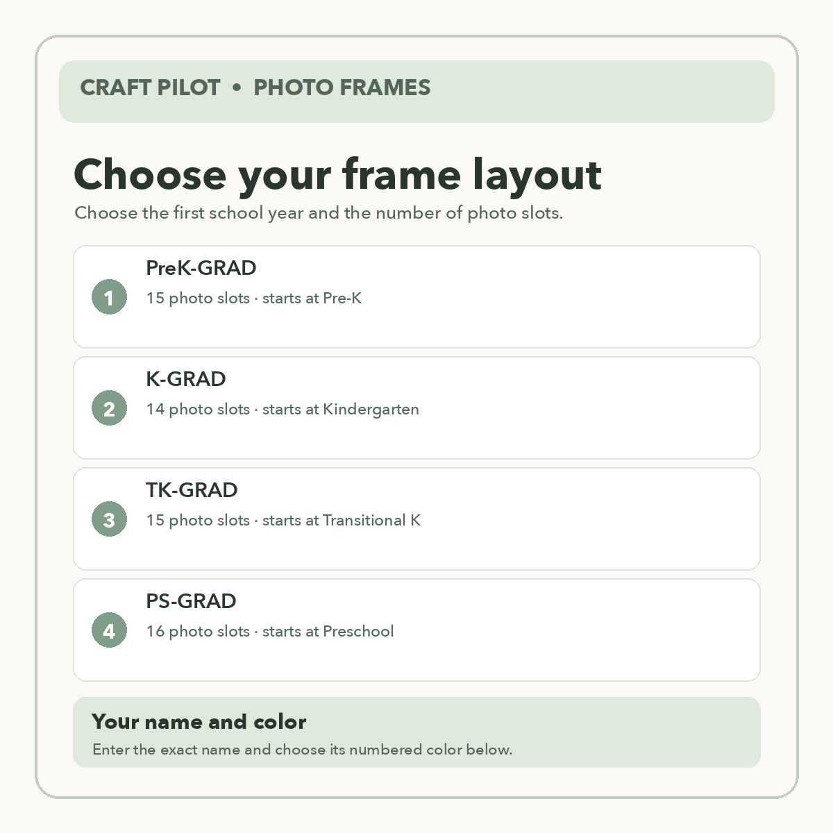 Choose your school photo frame layout by photo slot count