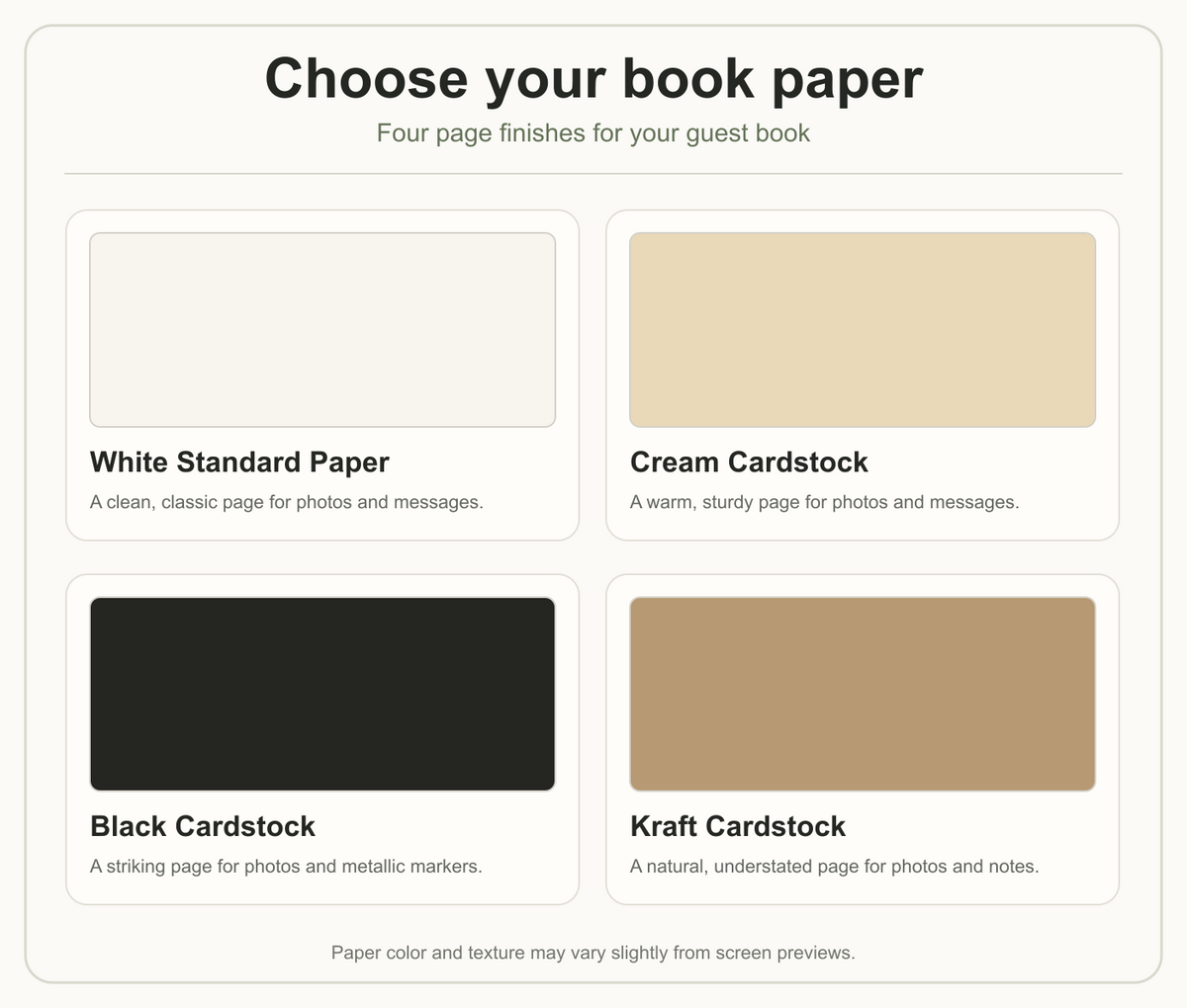 Four guest book paper options: white, cream, black, and kraft