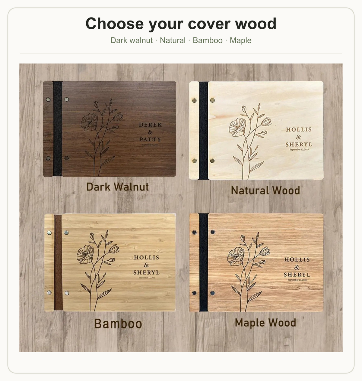 Four wood cover choices for the guest book
