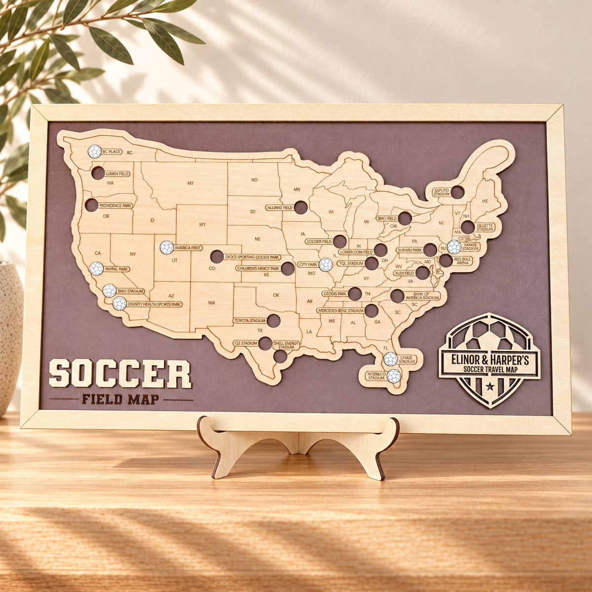 Personalized Soccer Stadium Travel Map with Stand - Sturdy Wood Back in a warm Craft Pilot product setting