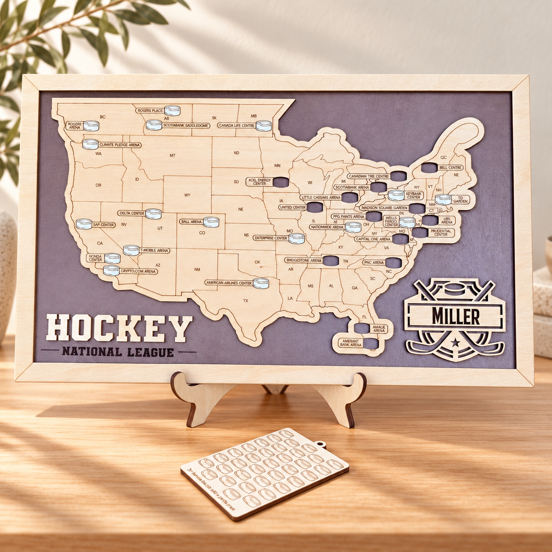 Personalized NHL Arena Travel Map - Ice Hockey Bucket List in a warm Craft Pilot product setting