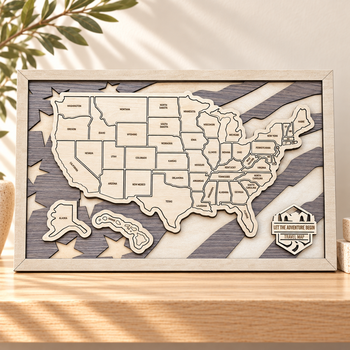 Personalized Wooden USA Travel Map - 50 States Pins in a warm Craft Pilot product setting