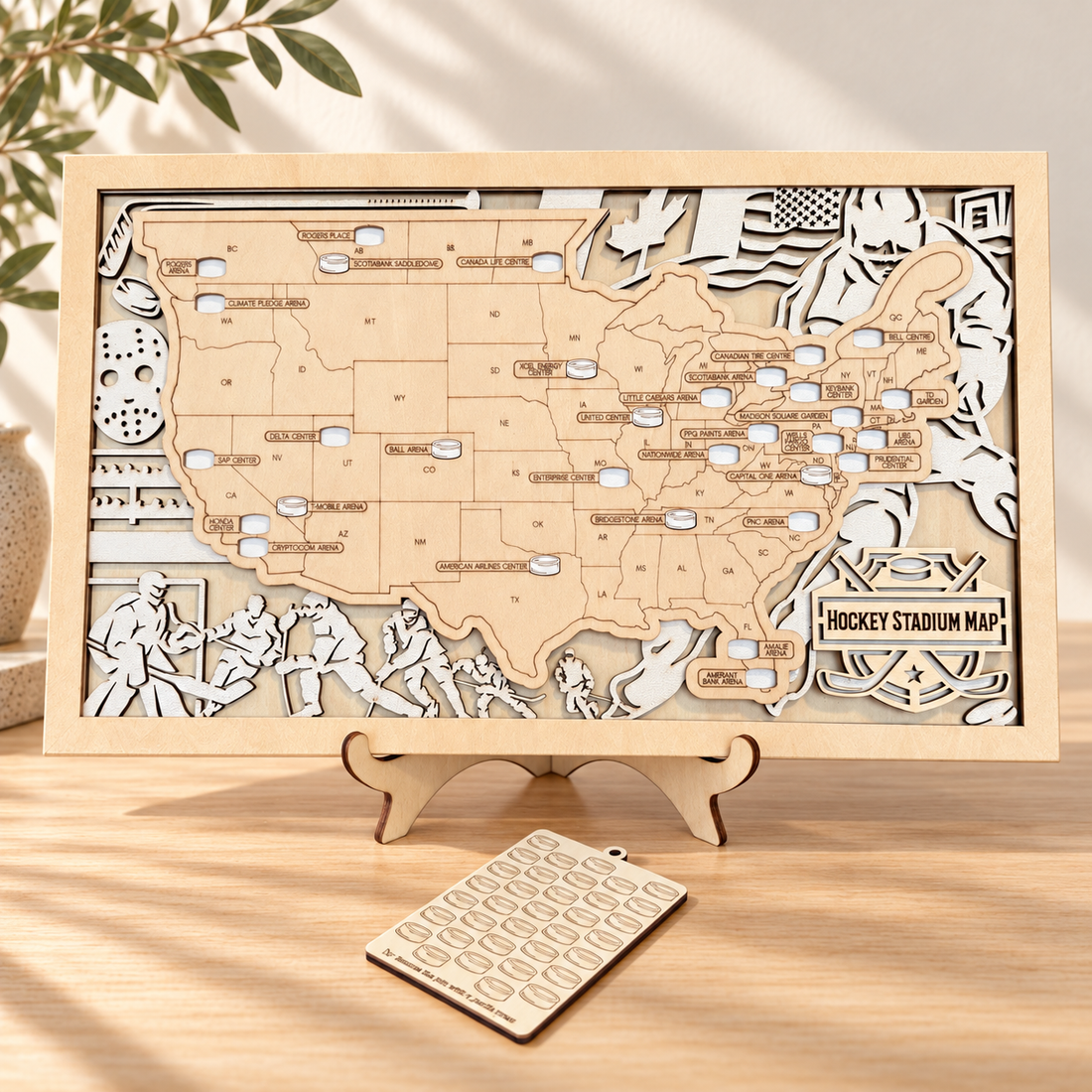 Personalized NHL Arena Travel Map with Stand - Hockey Fan Gift in a warm Craft Pilot product setting
