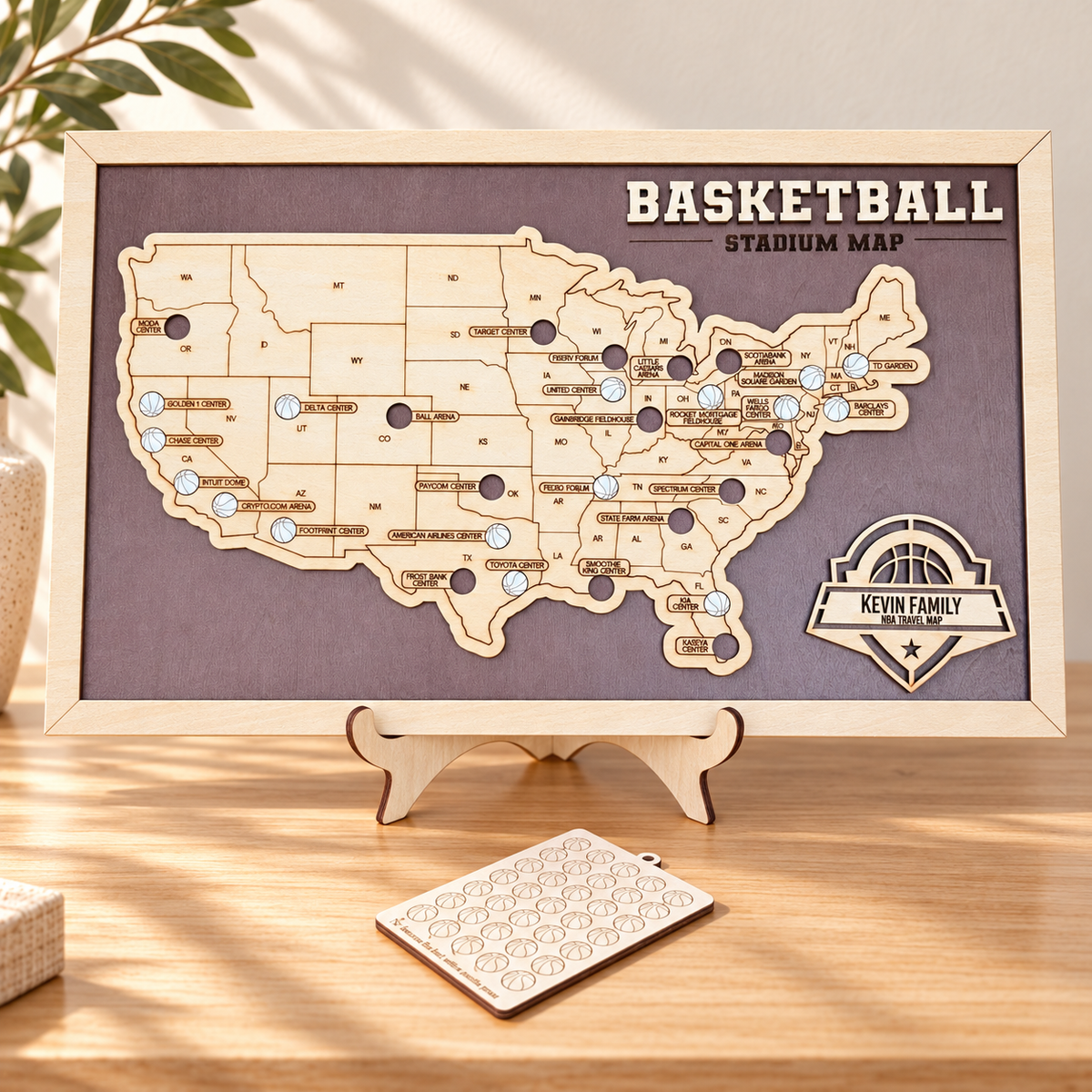 Personalized NBA Stadium Travel Map - Sturdy Wood Back