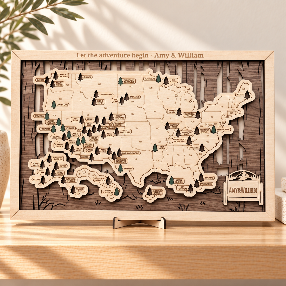 Personalized Wooden US National Parks Map Checklist Wall Decor in a warm Craft Pilot product setting