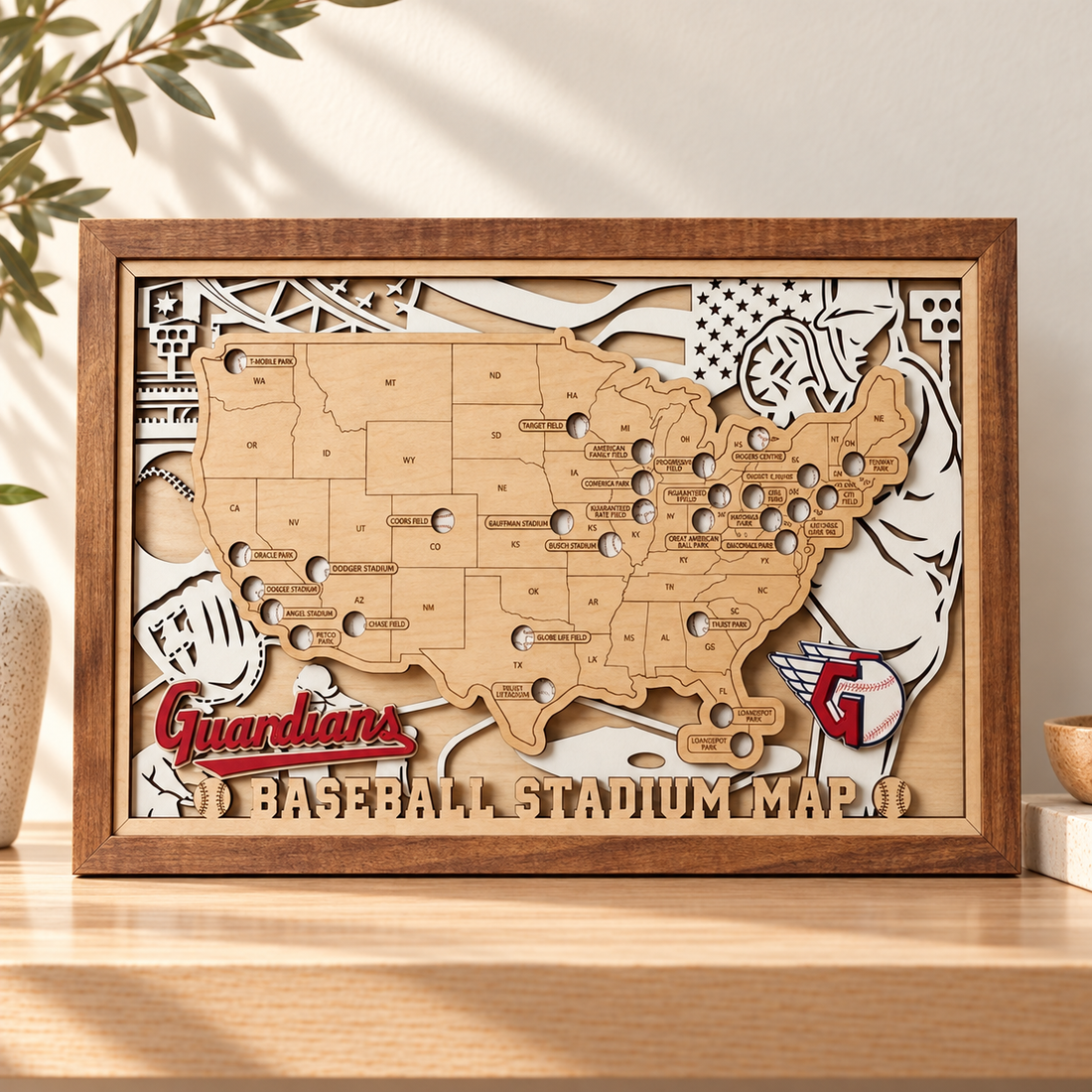 3D Wooden MLB Stadium Map with Frame - M Size 18 x 11 in a warm Craft Pilot product setting