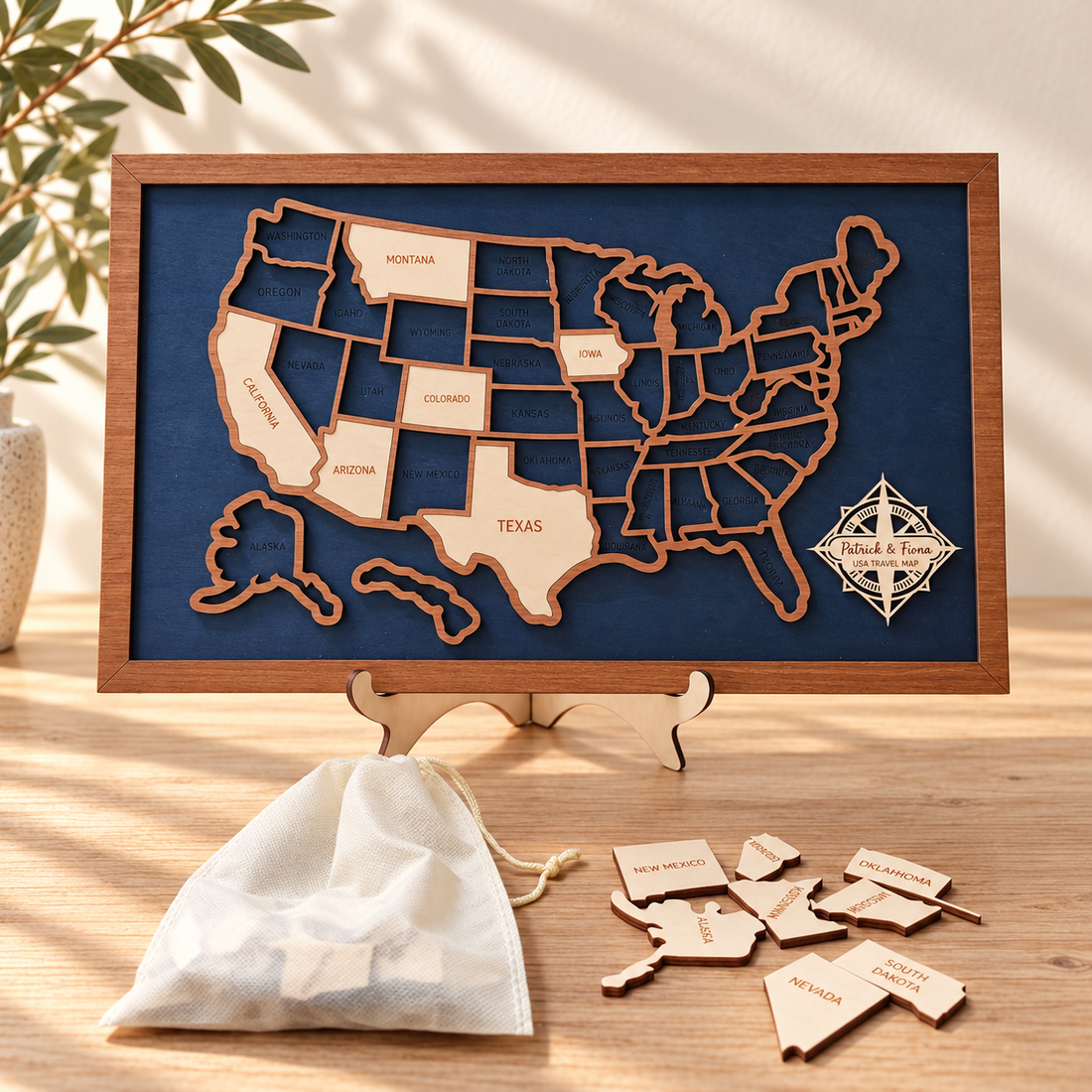 Custom USA Travel Map - 50 States Puzzle Map in a warm Craft Pilot product setting