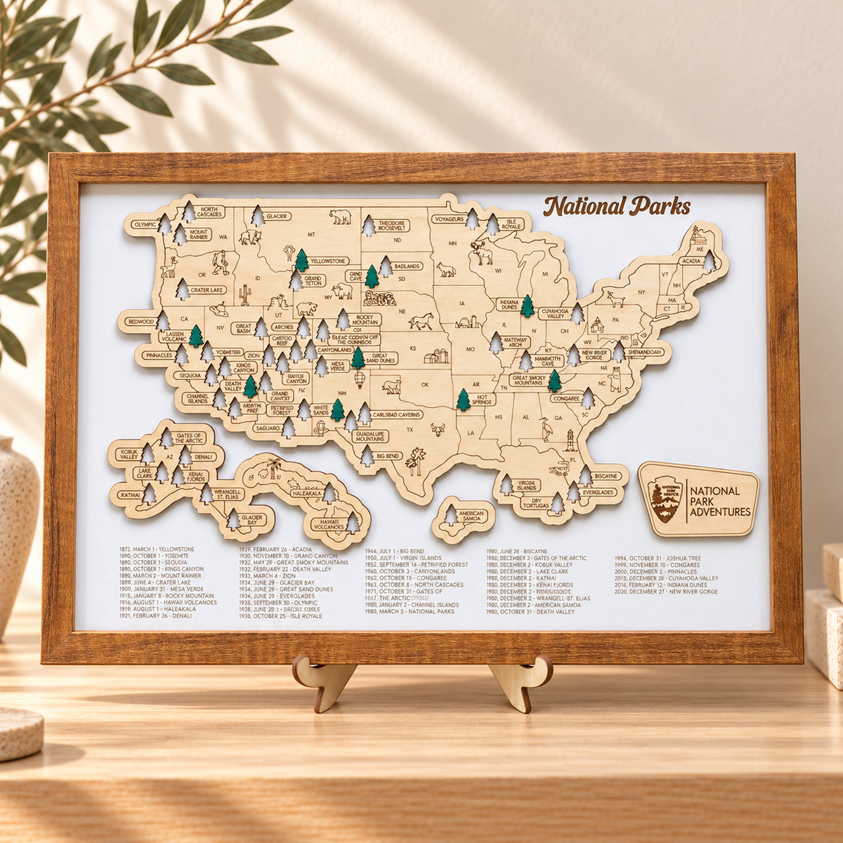 Personalized US National Parks Adventure Map with Push Pins in a warm Craft Pilot product setting