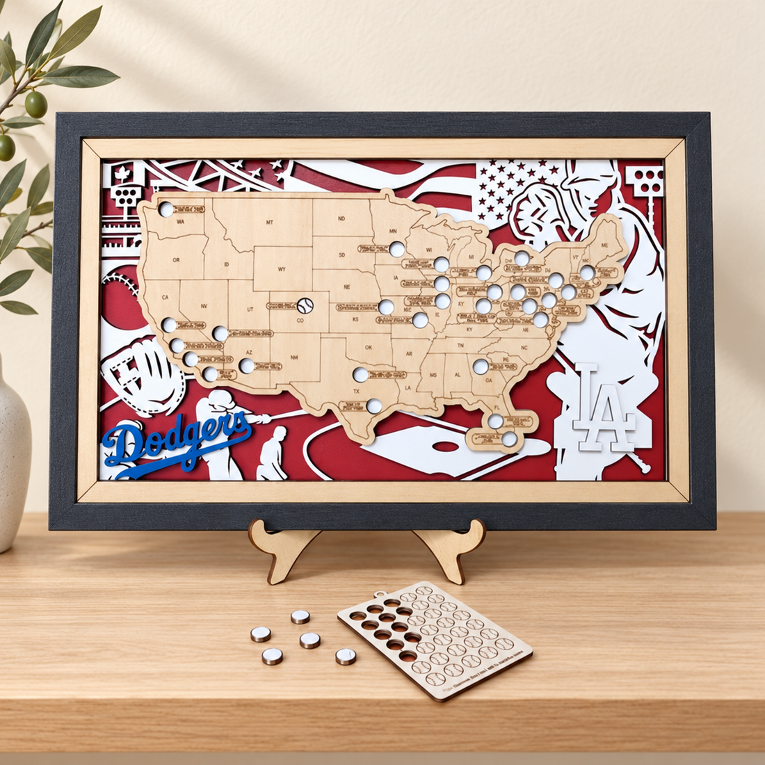 MLB ballpark travel map displayed on a warm oak shelf