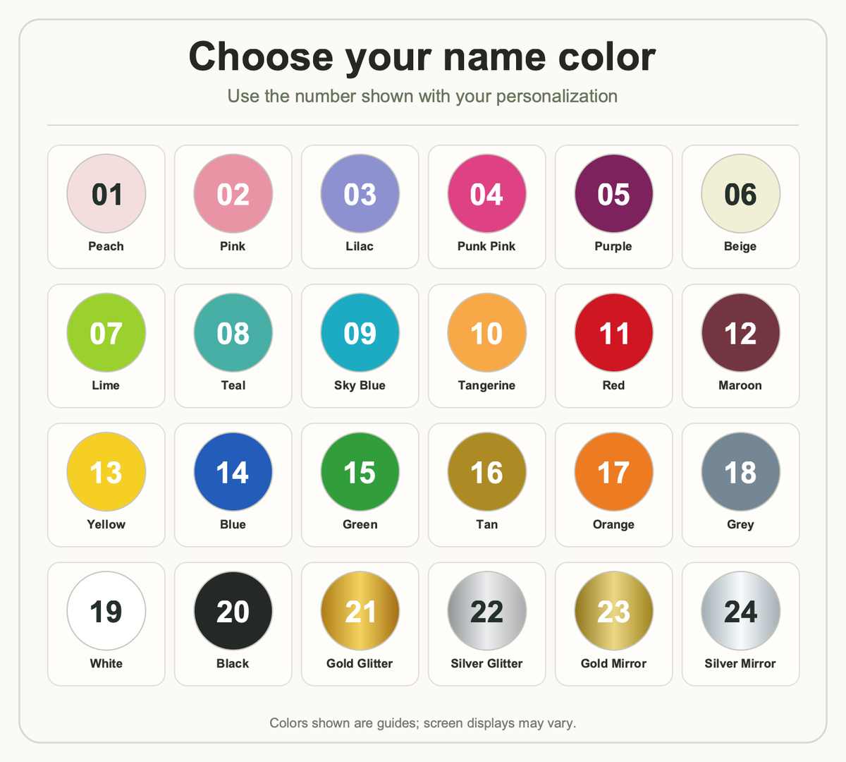 24 numbered name colors