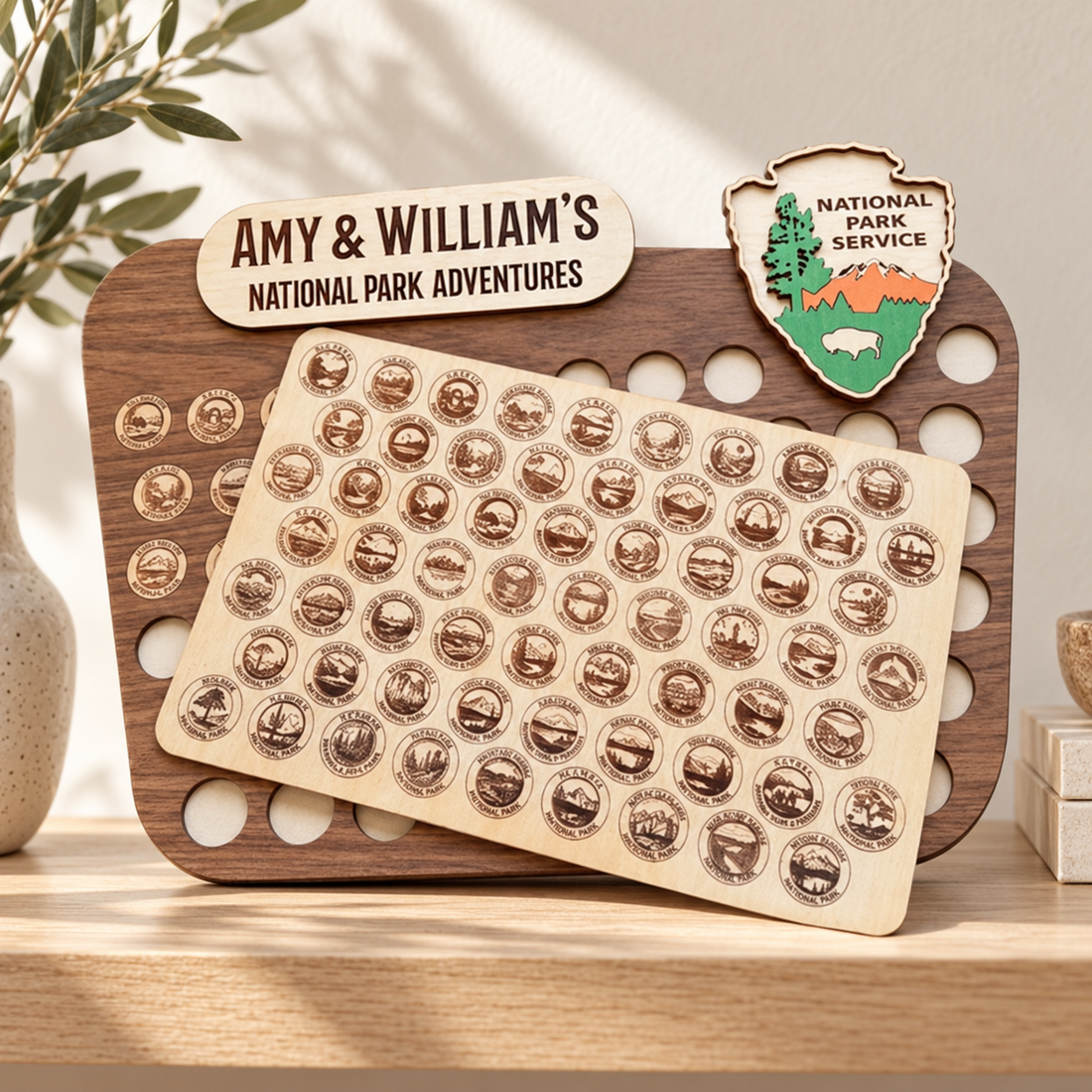 National Park tracker board displayed on a warm oak shelf