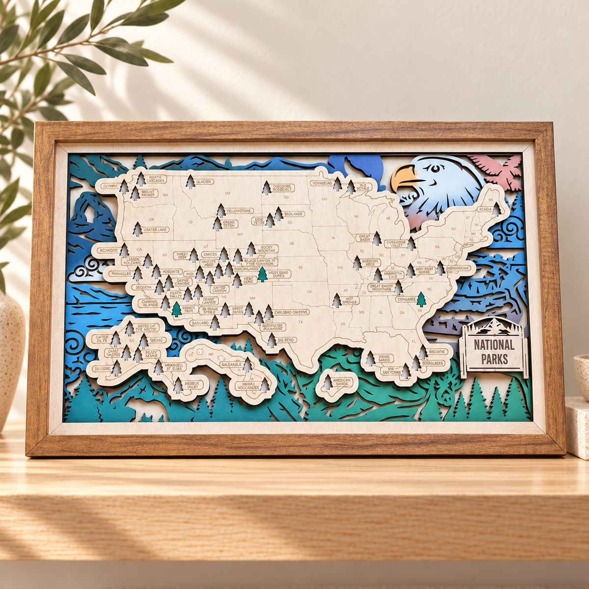 Framed National Parks travel map displayed in a warm cream and oak interior