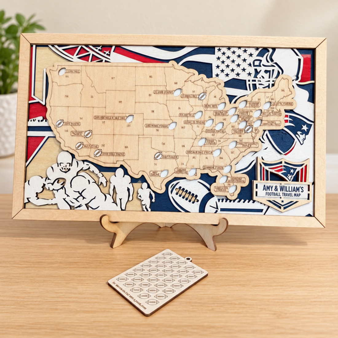 NFL stadium travel map displayed on a warm oak shelf