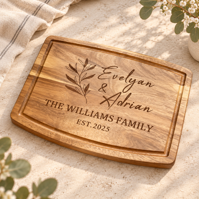 Acacia cutting board with juice groove on warm stone