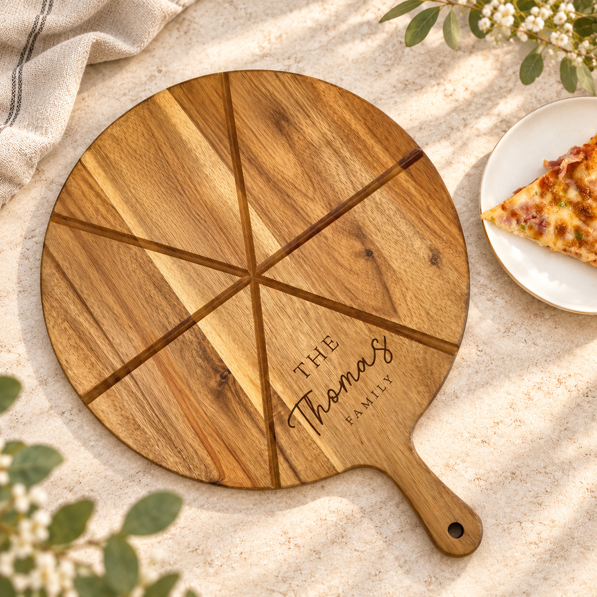 Round acacia pizza serving board with cutting guides