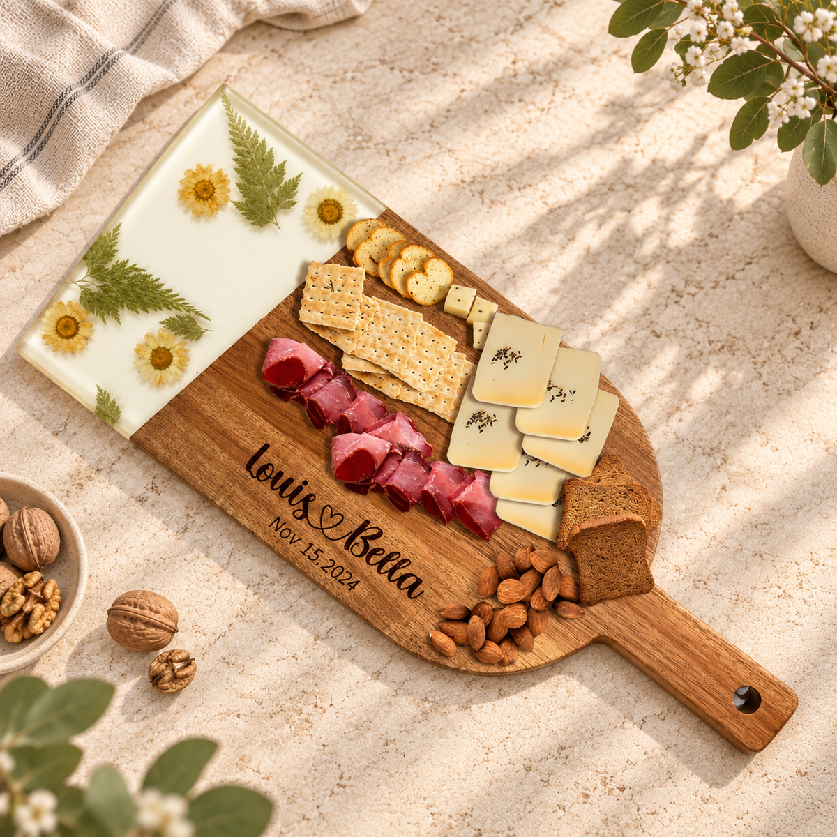 Dried-flower resin and acacia serving board
