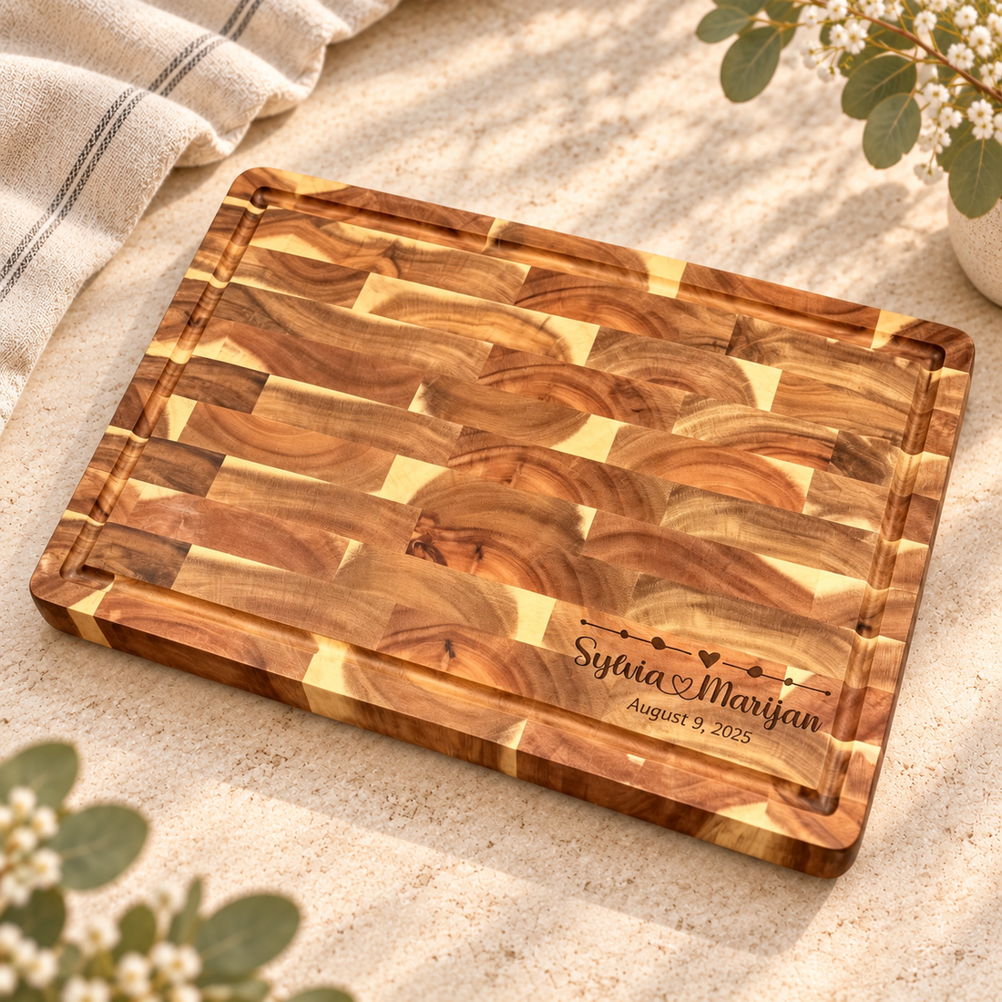 Acacia end-grain butcher block on warm stone