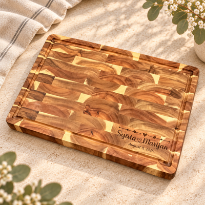 Acacia end-grain butcher block on warm stone
