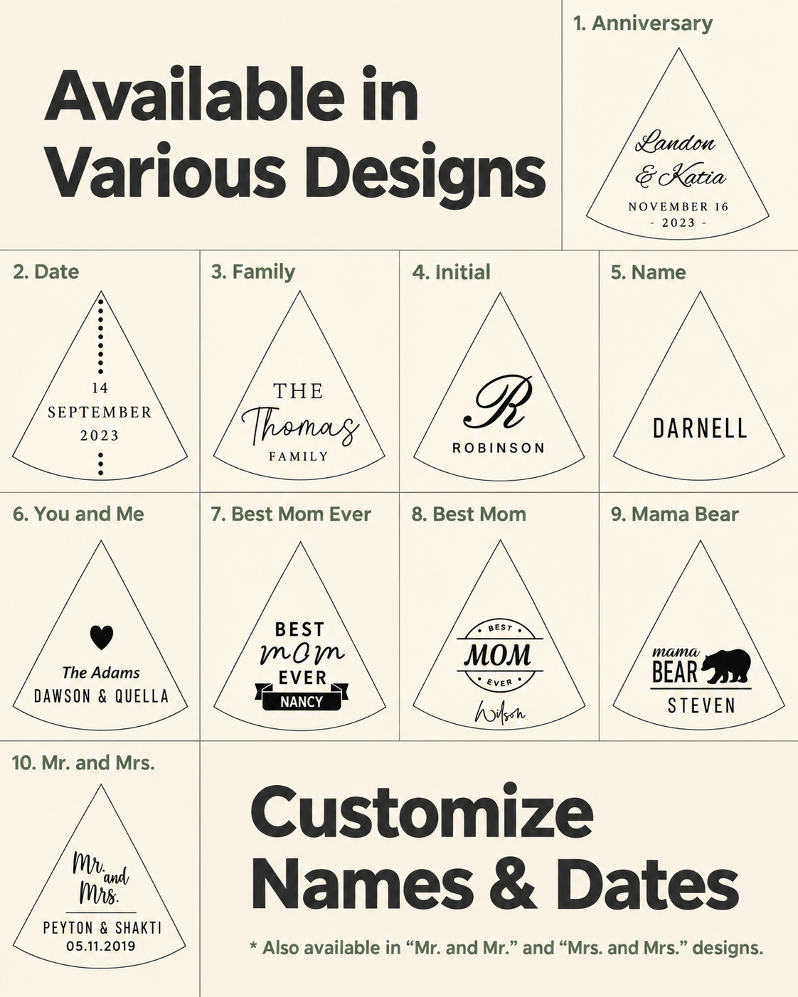 Pizza board engraving designs 1–10 in sage and ivory