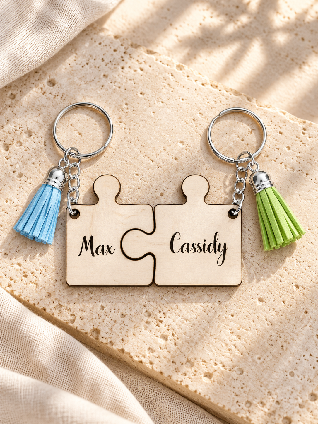 Personalized Wooden Puzzle Keychain with Tassel - Set of 2