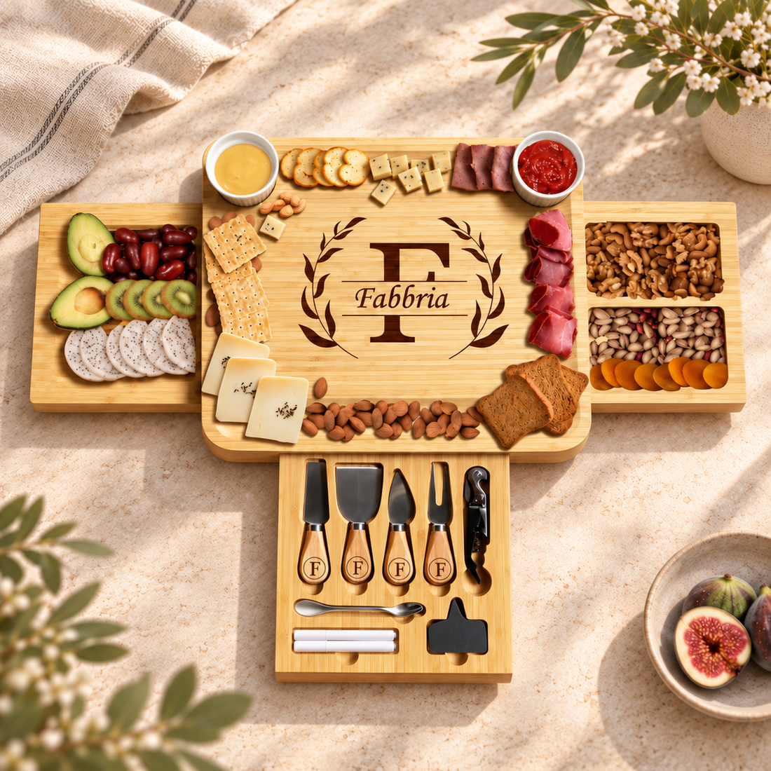 Three-drawer bamboo charcuterie board with four cheese utensils, corkscrew, silver spoon, two white markers and chalk label