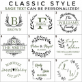 Engraving designs 1–9. Only sage-highlighted text can be personalized.