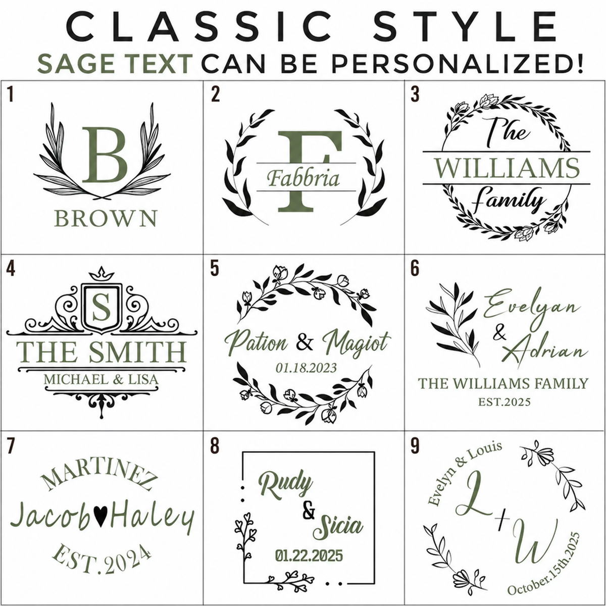 Engraving designs 1–9. Only sage-highlighted text can be personalized.