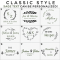 Engraving designs 10–18. Only sage-highlighted text can be personalized.