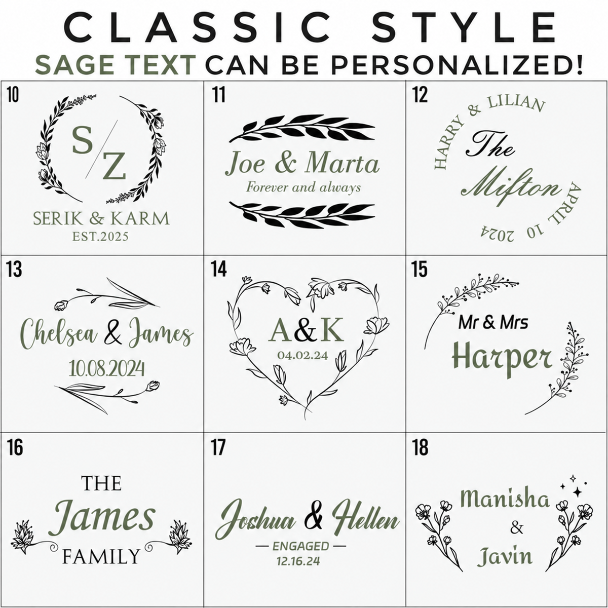 Engraving designs 10–18. Only sage-highlighted text can be personalized.