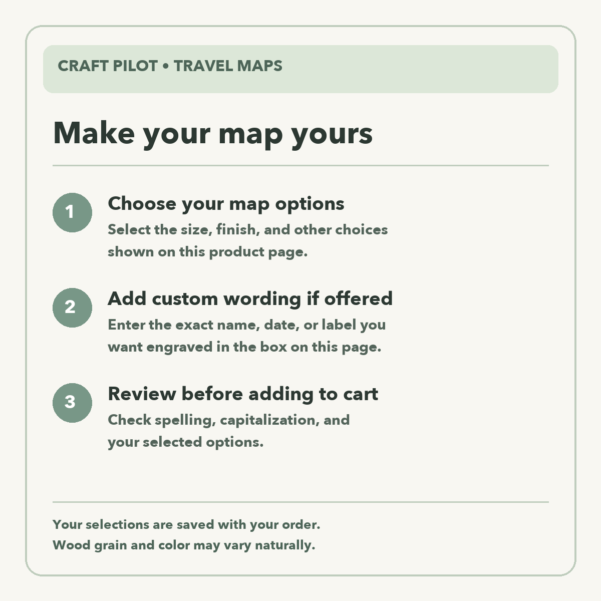 Craft Pilot travel map customization guide: select map options, enter exact custom wording if offered, and check spelling.