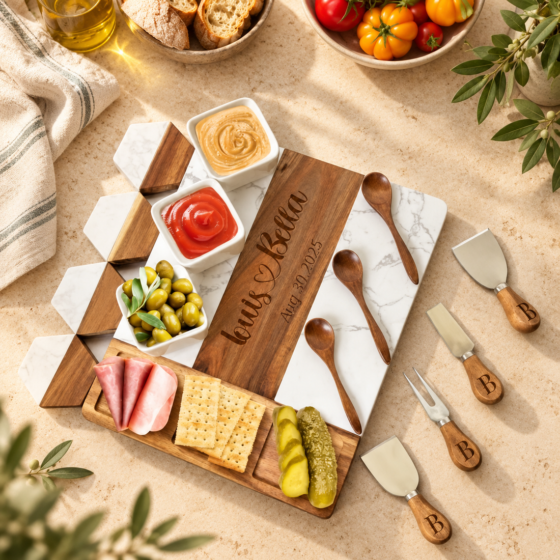 White marble and wood charcuterie board on warm stone with serving accessories