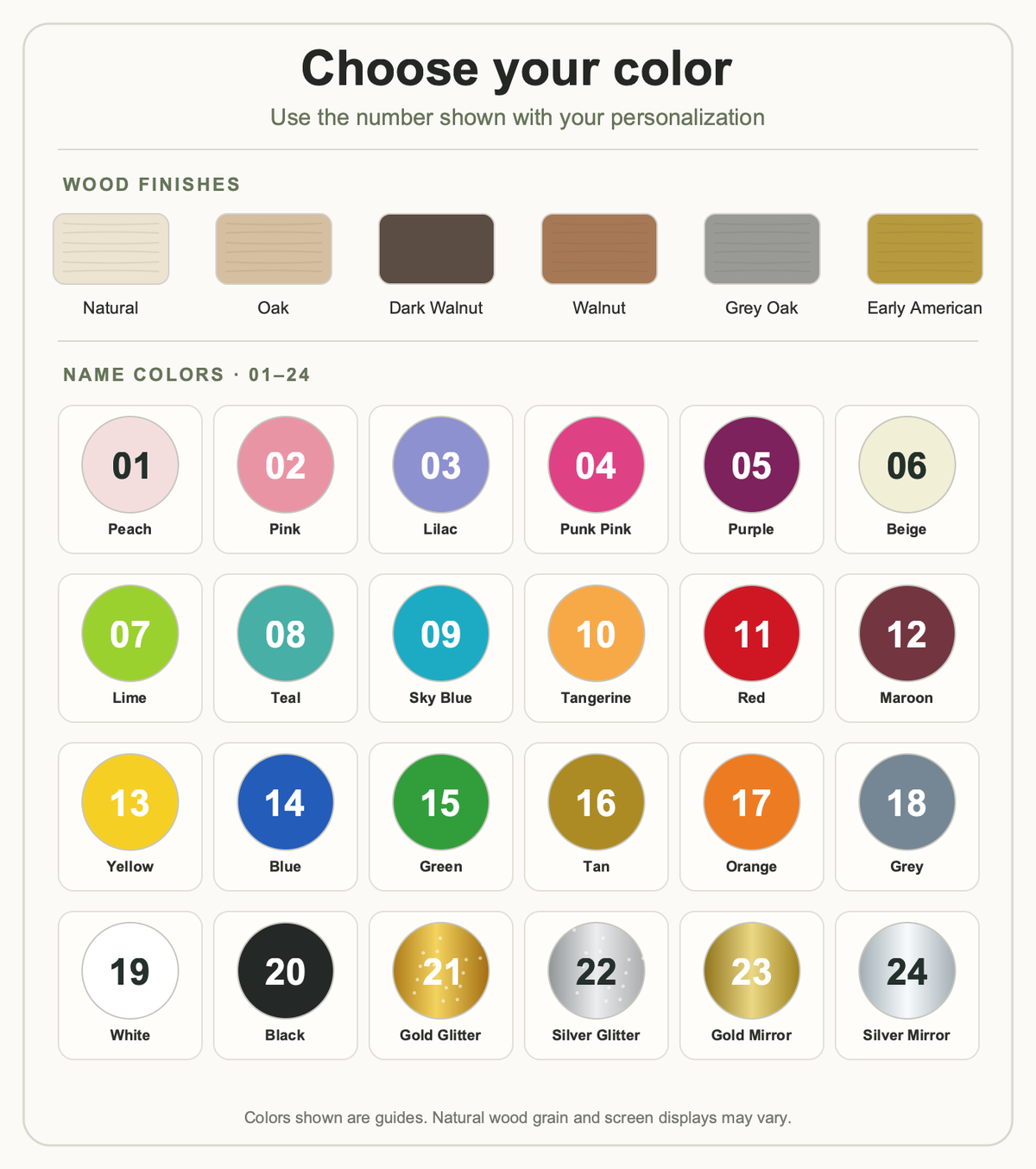 Craft Pilot color chart: six wood finishes and numbered name colors 01–24