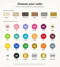 Craft Pilot color chart: six wood finishes and numbered name colors 01–24