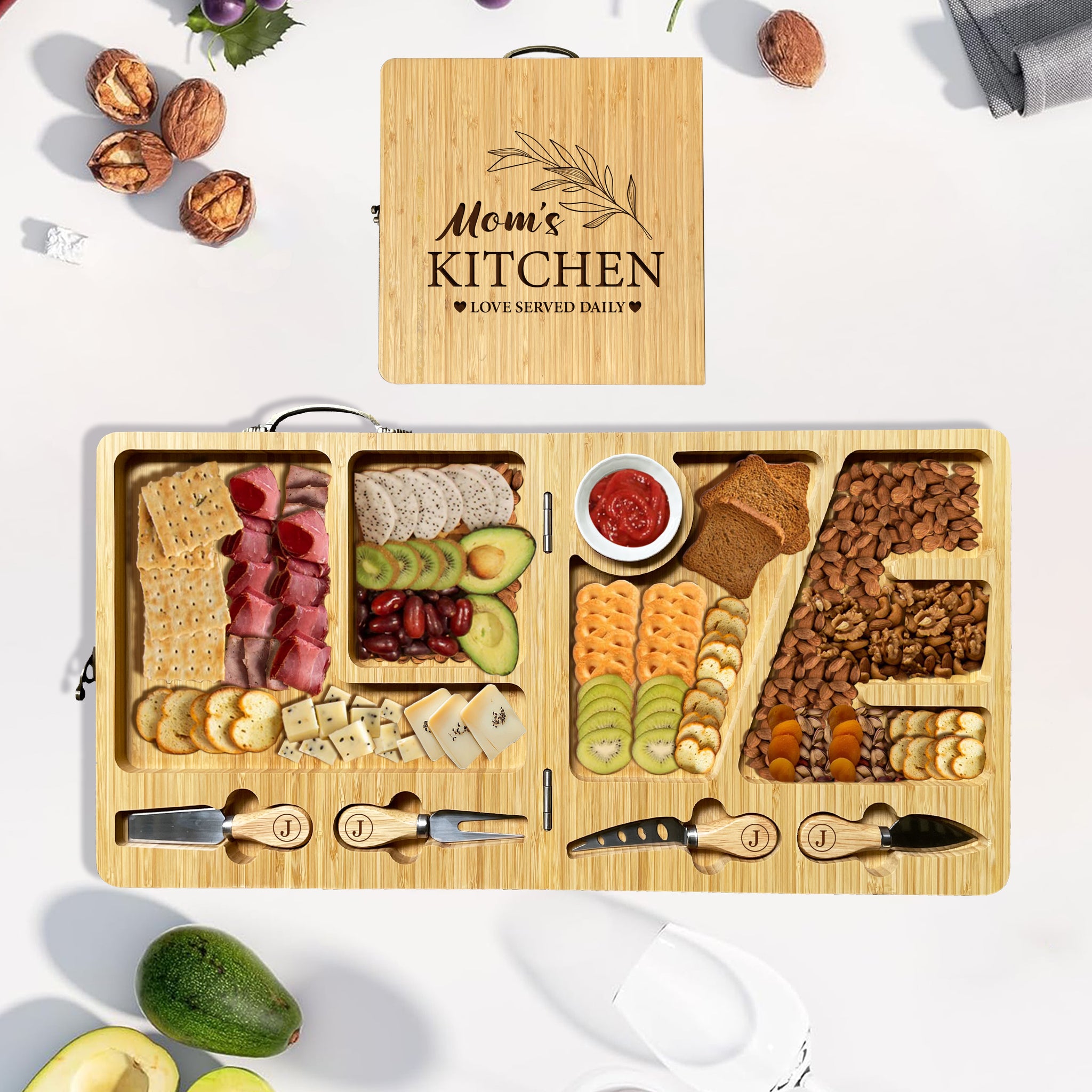 Personalized Charcuterie Boards Gift Set,Custom Bamboo Cheese Board,Mothers Day Gifts for Mom,Wedding Birthday Housewarming Party Gifts Kitchen Knives Chopping