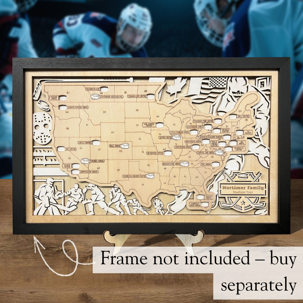 Personalized NHL Arena Travel Map with Stand - Wooden Bucket List