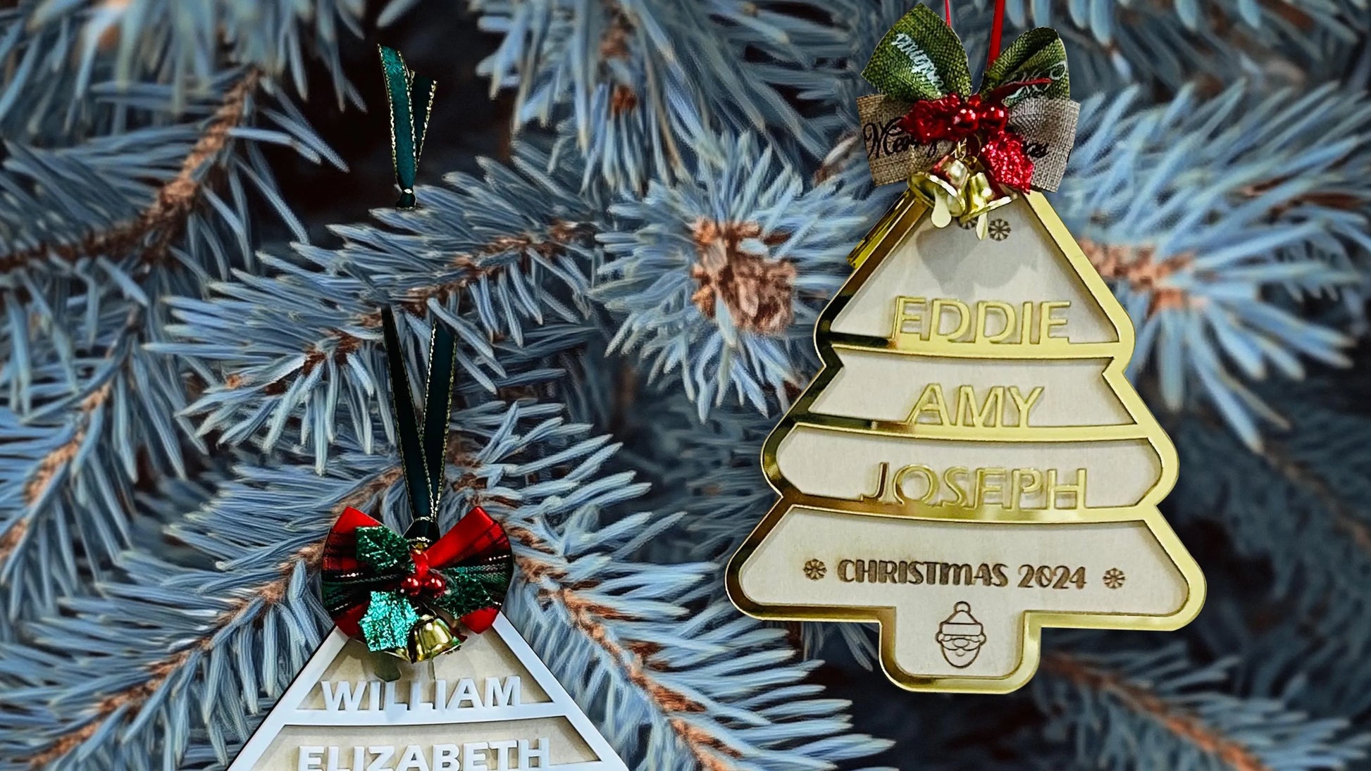 Personalized Christmas tree ornaments with names on a pine branch background