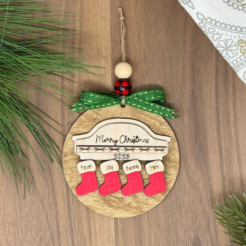 Custom Christmas Ornament 2023,Personalized Wooden Family Christmas Ornament,Engraved Christmas Stocking Ornament,Handmade in USA
