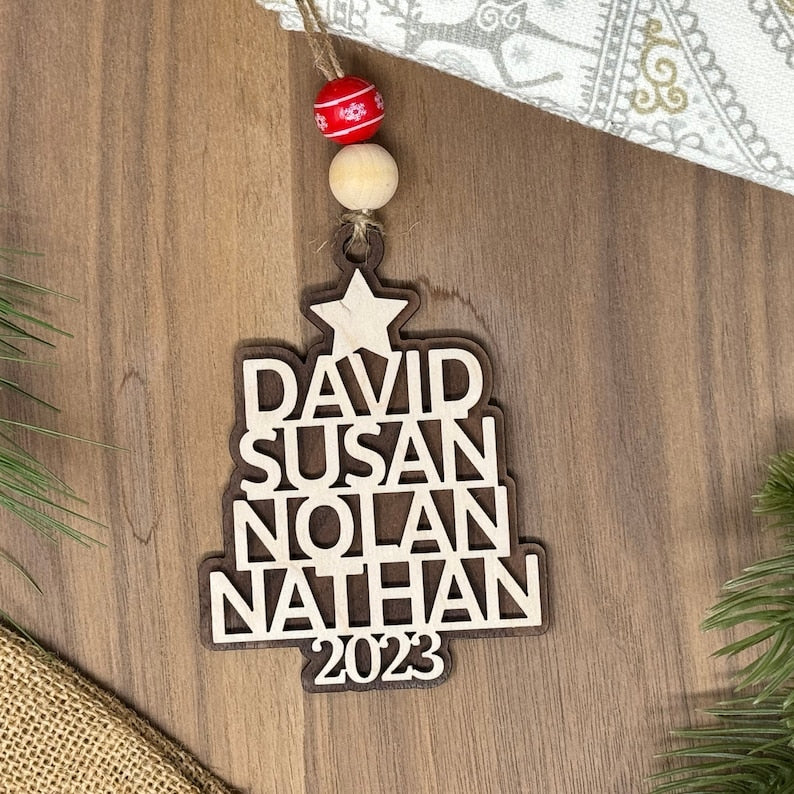 Personalized Christmas Tree Ornament with Family Names - Birch Wood