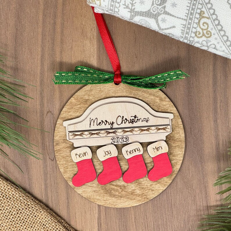 Engraved Wooden Stocking Custom Family Christmas Ornament