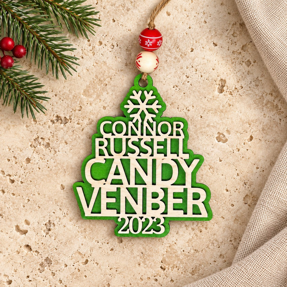Personalized Christmas Tree Ornament with Family Names - Birch Wood