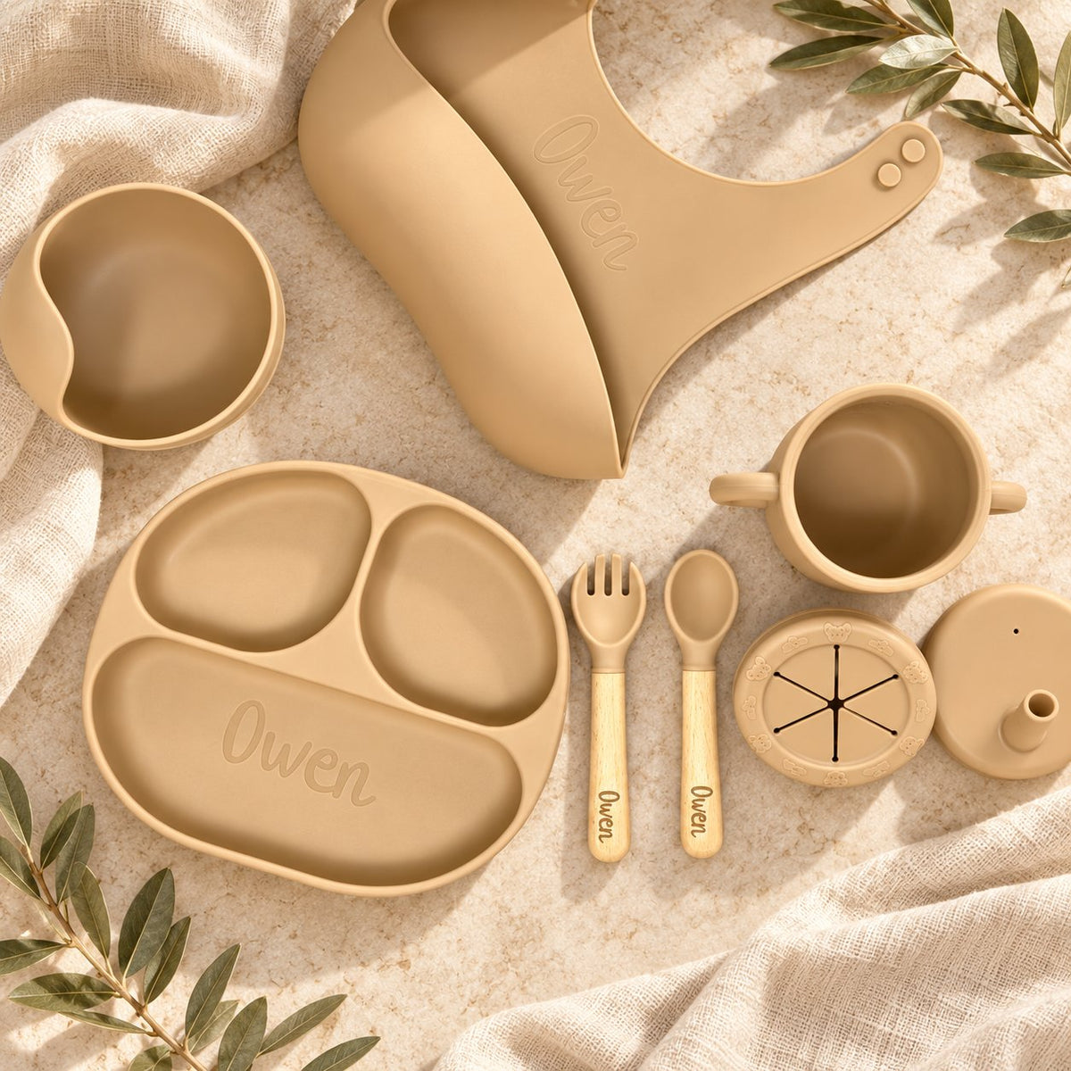 Personalized Silicone Baby Weaning Set - Plate, Bib, Cup, Bowl