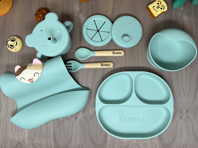 Personalized Silicone Baby Weaning Set - Plate, Bib, Cup, Bowl