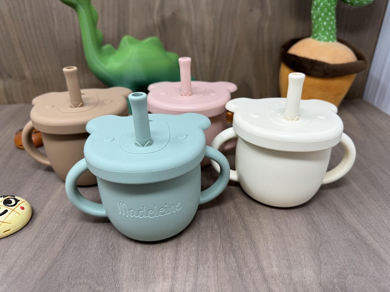 Custom Name Silicone Baby Snack Cup with Handle & 3 Lids